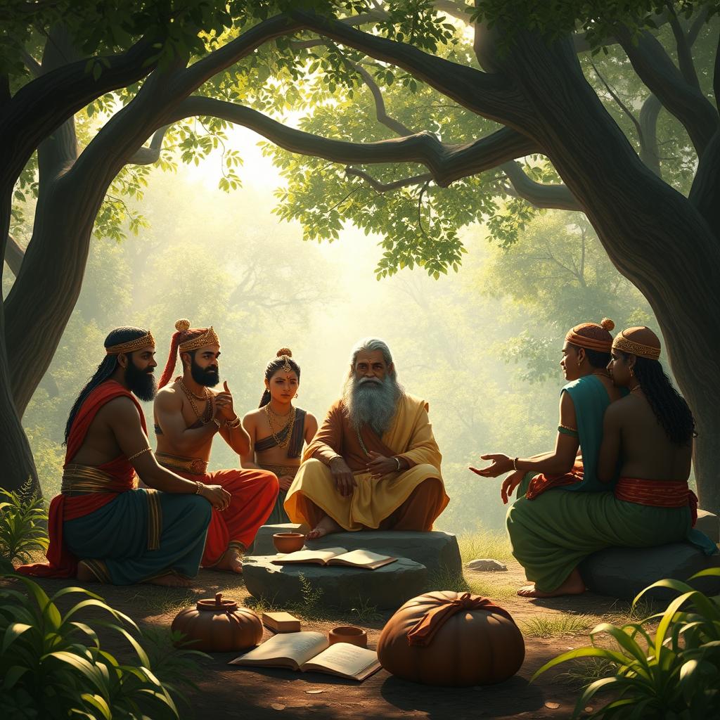 An epic scene depicting the Pandavas and Kauravas, young warriors of the Mahabharata, engaged in a serious learning session with sage Vedavyas