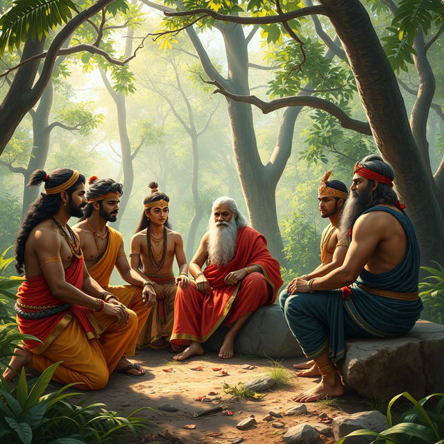 An epic scene depicting the Pandavas and Kauravas, young warriors of the Mahabharata, engaged in a serious learning session with sage Vedavyas