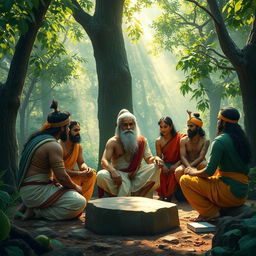 An epic scene depicting the Pandavas and Kauravas, young warriors of the Mahabharata, engaged in a serious learning session with sage Vedavyas