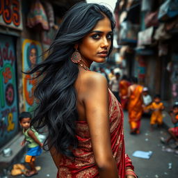 A captivating portrait of a sensual Indian woman in a vibrant slum setting, showcasing her beauty and strength