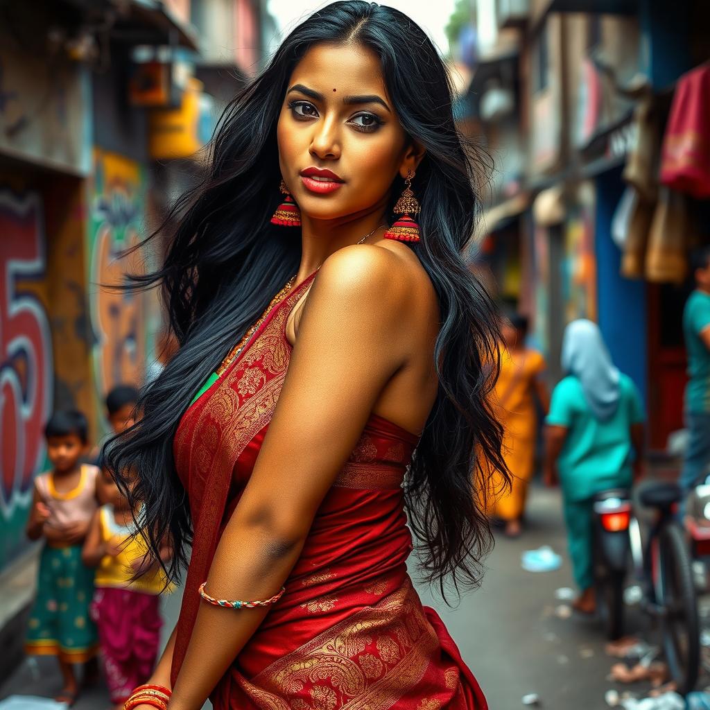 A captivating portrait of a sensual Indian woman in a vibrant slum setting, showcasing her beauty and strength