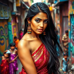 A captivating portrait of a sensual Indian woman in a vibrant slum setting, showcasing her beauty and strength