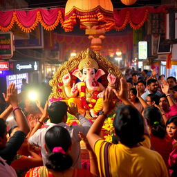 A vibrant and colorful scene depicting the Ganpati festival celebration