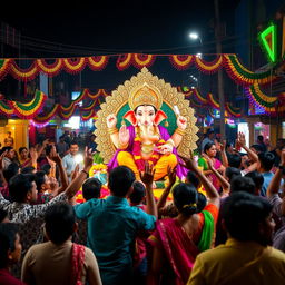 A vibrant and colorful scene depicting the Ganpati festival celebration