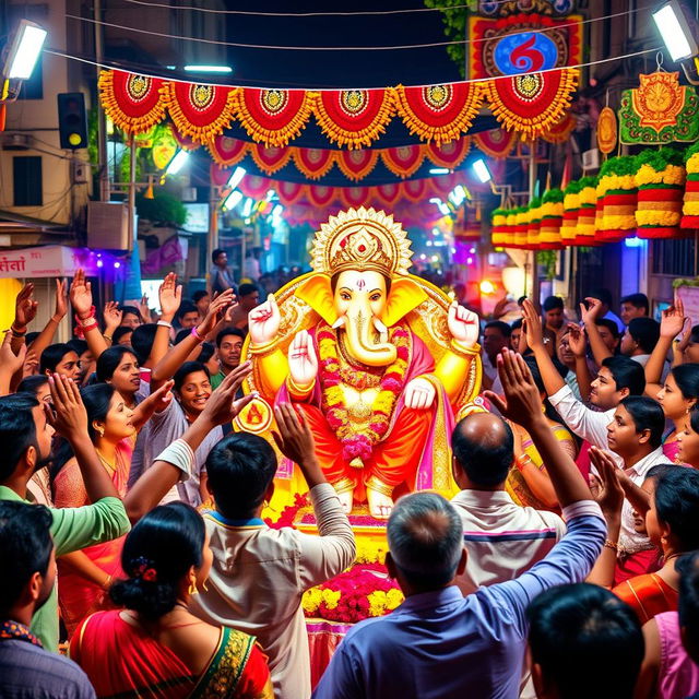 A vibrant and colorful scene depicting the Ganpati festival celebration