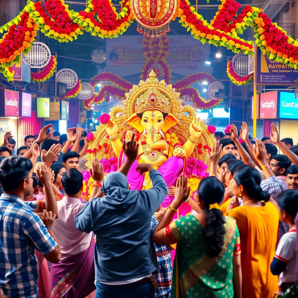 A vibrant and colorful scene depicting the Ganpati festival celebration