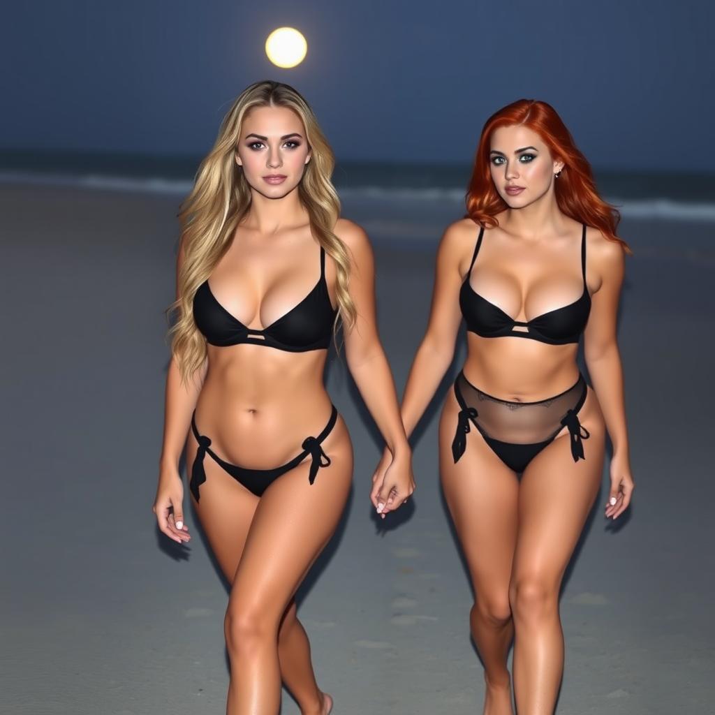 A beautiful, sexy soft hourglass-shaped young woman with long blond hair and enchanting blue eyes, embellished with dark pink and blue eye makeup, bold black eyeliner, mascara, and long lashes, is holding hands and sharing a kiss with her voluptuous redhead girlfriend