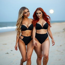 A beautiful, sexy soft hourglass-shaped young woman with long blond hair and enchanting blue eyes, embellished with dark pink and blue eye makeup, bold black eyeliner, mascara, and long lashes, is holding hands and sharing a kiss with her voluptuous redhead girlfriend