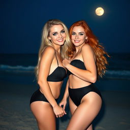 A beautiful, sexy soft hourglass-shaped 18-year-old girl with long blond hair and captivating blue eyes, enhanced with dark pink and blue eye makeup, bold black eyeliner, mascara, and long lashes, is joyfully holding hands and kissing her voluptuous redhead girlfriend