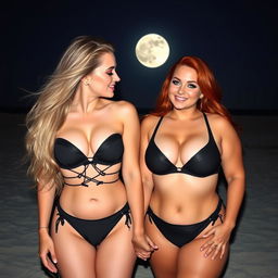 A beautiful, sexy soft hourglass-shaped 18-year-old girl with long blond hair and captivating blue eyes, enhanced with dark pink and blue eye makeup, bold black eyeliner, mascara, and long lashes, is joyfully holding hands and kissing her voluptuous redhead girlfriend
