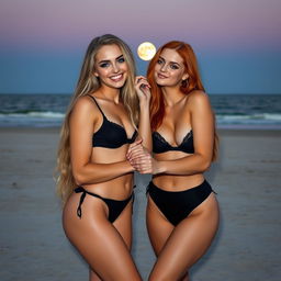 A beautiful, sexy soft hourglass-shaped 18-year-old girl with long blond hair and captivating blue eyes, enhanced with dark pink and blue eye makeup, bold black eyeliner, mascara, and long lashes, is joyfully holding hands and kissing her voluptuous redhead girlfriend