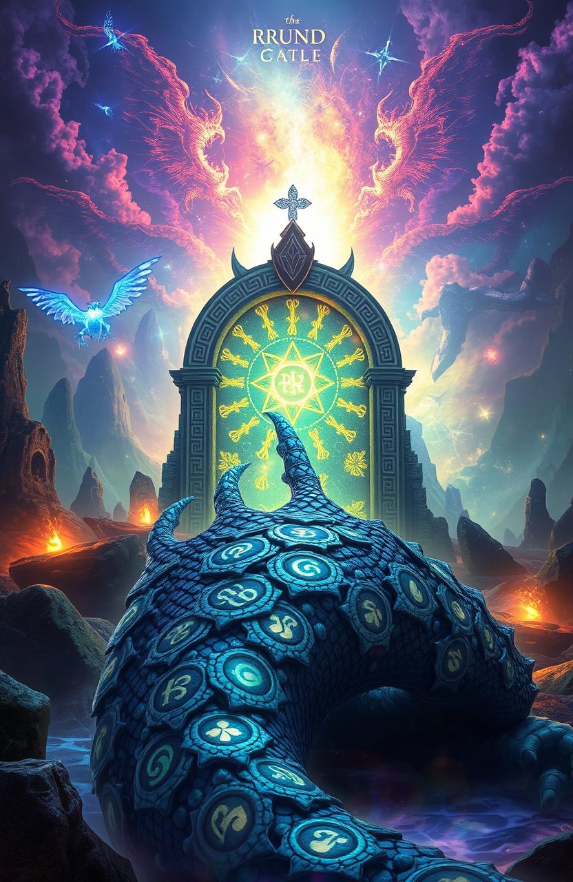 A captivating fantasy landscape featuring an ancient rune gate shimmering with magical energy, surrounded by mystical ward stones