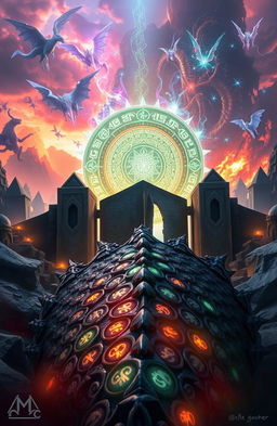 A captivating fantasy landscape featuring an ancient rune gate shimmering with magical energy, surrounded by mystical ward stones
