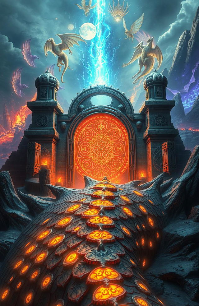 A captivating fantasy landscape featuring an ancient rune gate shimmering with magical energy, surrounded by mystical ward stones