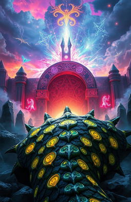 A captivating fantasy landscape featuring an ancient rune gate shimmering with magical energy, surrounded by mystical ward stones