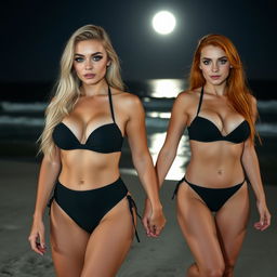 A beautiful, sexy soft hourglass-shaped 18-year-old girl with long blond hair and dazzling blue eyes, adorned with dark pink and blue eye makeup, bold black eyeliner, mascara, and long lashes, walks hand in hand with her voluptuous redhead girlfriend, who has striking green eyes and stunning dark green and gold eye makeup