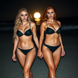 A beautiful, sexy soft hourglass-shaped 18-year-old girl with long blond hair and dazzling blue eyes, adorned with dark pink and blue eye makeup, bold black eyeliner, mascara, and long lashes, walks hand in hand with her voluptuous redhead girlfriend, who has striking green eyes and stunning dark green and gold eye makeup