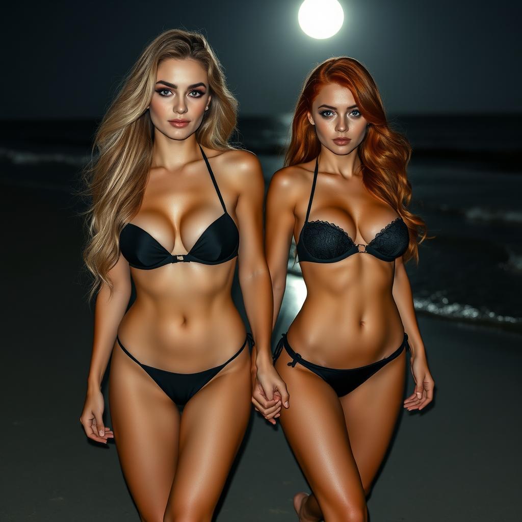 A beautiful soft hourglass-shaped girl with long blond hair and captivating blue eyes, adorned with dark pink and blue eye makeup, bold black eyeliner, mascara, and long lashes, is walking hand in hand with her voluptuous redhead girlfriend