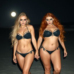 A beautiful soft hourglass-shaped girl with long blond hair and captivating blue eyes, adorned with dark pink and blue eye makeup, bold black eyeliner, mascara, and long lashes, is walking hand in hand with her voluptuous redhead girlfriend