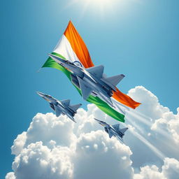 A dynamic and powerful illustration of F-15 fighter jets soaring through a blue sky, with the Indian tricolor flag prominently displayed