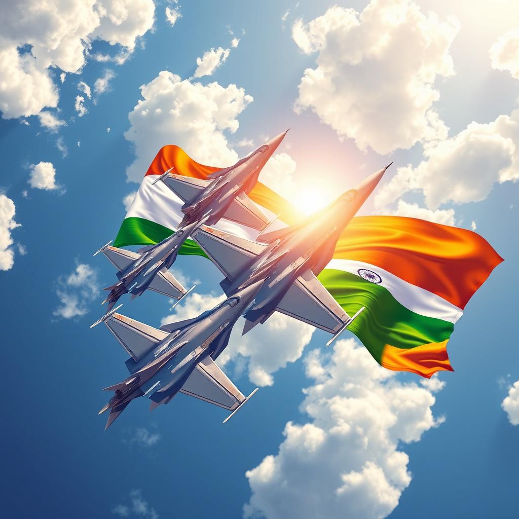 A dynamic and powerful illustration of F-15 fighter jets soaring through a blue sky, with the Indian tricolor flag prominently displayed