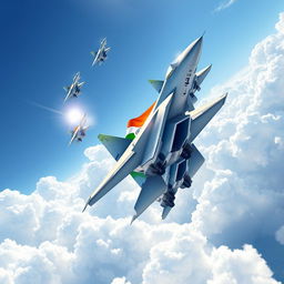 A dynamic and powerful illustration of F-15 fighter jets soaring through a blue sky, with the Indian tricolor flag prominently displayed