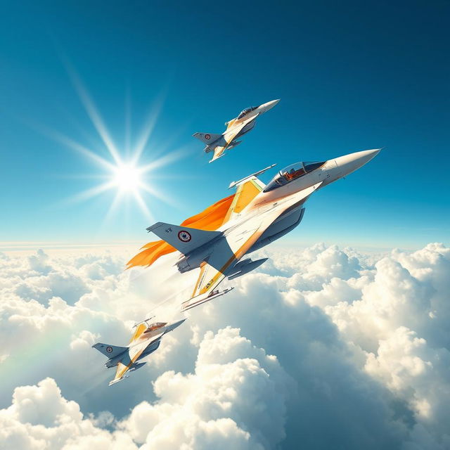 A dynamic and powerful illustration of F-15 fighter jets soaring through a blue sky, with the Indian tricolor flag prominently displayed