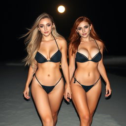 A beautiful, sweet soft hourglass-shaped girl with long blond hair and enchanting blue eyes, adorned with dark pink and blue eye makeup, bold black eyeliner, mascara, and long lashes, walks hand in hand with her assertive voluptuous redhead girlfriend, who possesses striking green eyes and fabulous dark green and gold eye makeup