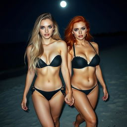 A beautiful, sweet soft hourglass-shaped girl with long blond hair and enchanting blue eyes, adorned with dark pink and blue eye makeup, bold black eyeliner, mascara, and long lashes, walks hand in hand with her assertive voluptuous redhead girlfriend, who possesses striking green eyes and fabulous dark green and gold eye makeup