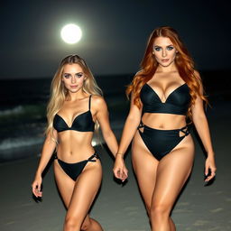 A beautiful, sweet soft hourglass-shaped girl with long blond hair and enchanting blue eyes, adorned with dark pink and blue eye makeup, bold black eyeliner, mascara, and long lashes, walks hand in hand with her assertive voluptuous redhead girlfriend, who possesses striking green eyes and fabulous dark green and gold eye makeup