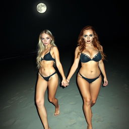 A beautiful, sweet soft hourglass-shaped girl with long blond hair and striking blue eyes, adorned with dark pink and blue eye makeup, bold black eyeliner, mascara, and long lashes, walks hand in hand with her assertive, voluptuous redhead girlfriend