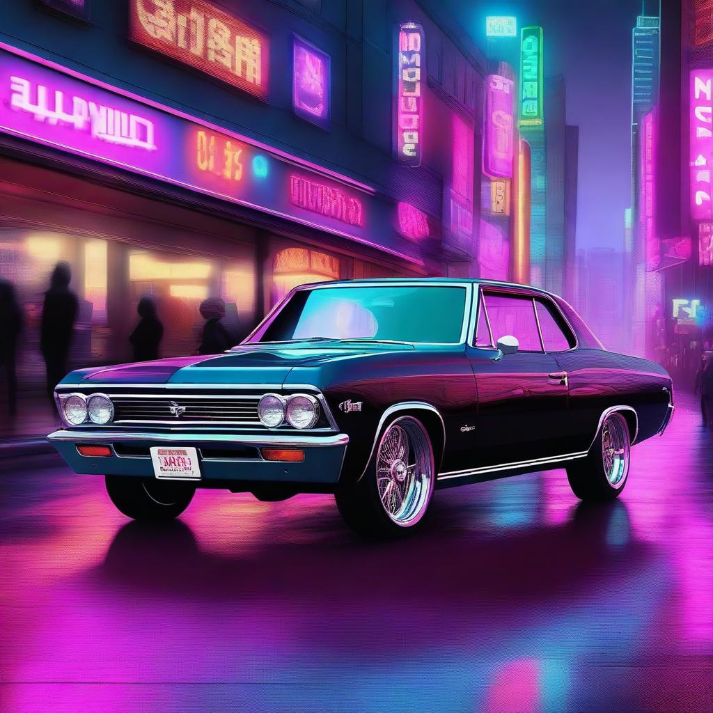 A high-quality digital art showcasing a 1966 Chevelle in a cyberpunk setting