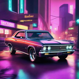 A high-quality digital art showcasing a 1966 Chevelle in a cyberpunk setting