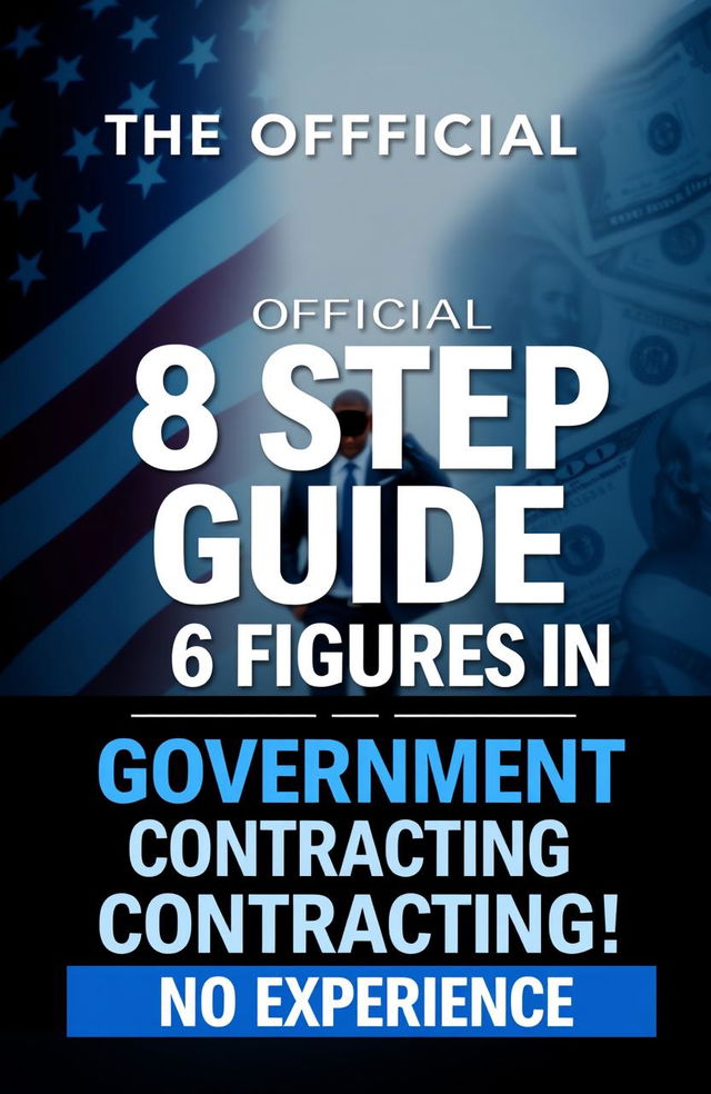 A modern and dynamic book cover design for a title that reads 'The Official 8 Step Guide to Your First 6 Figures in Government Contracting! With No Experience'