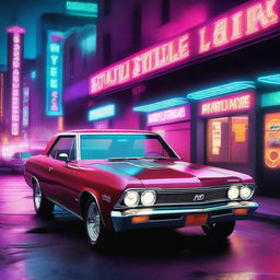 A high-quality digital art showcasing a 1966 Chevelle in a cyberpunk setting