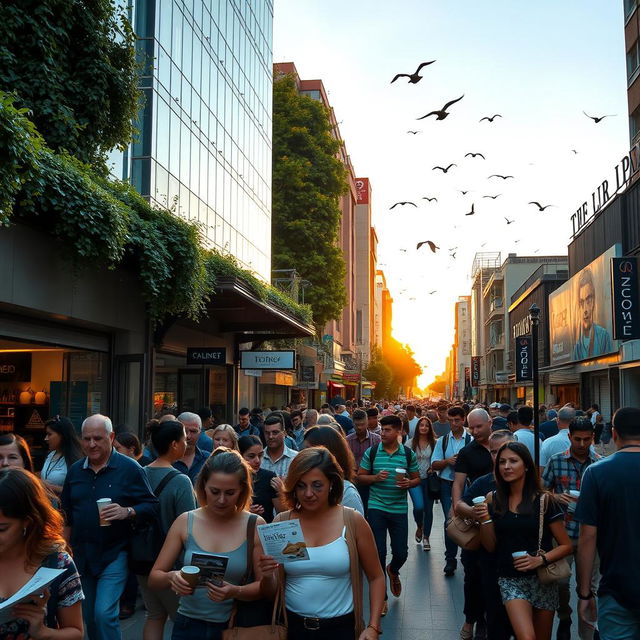 A bustling urban street scene during sunrise, showcasing a diverse crowd of people going about their day