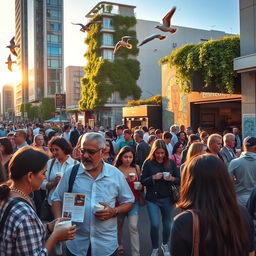 A bustling urban street scene during sunrise, showcasing a diverse crowd of people going about their day
