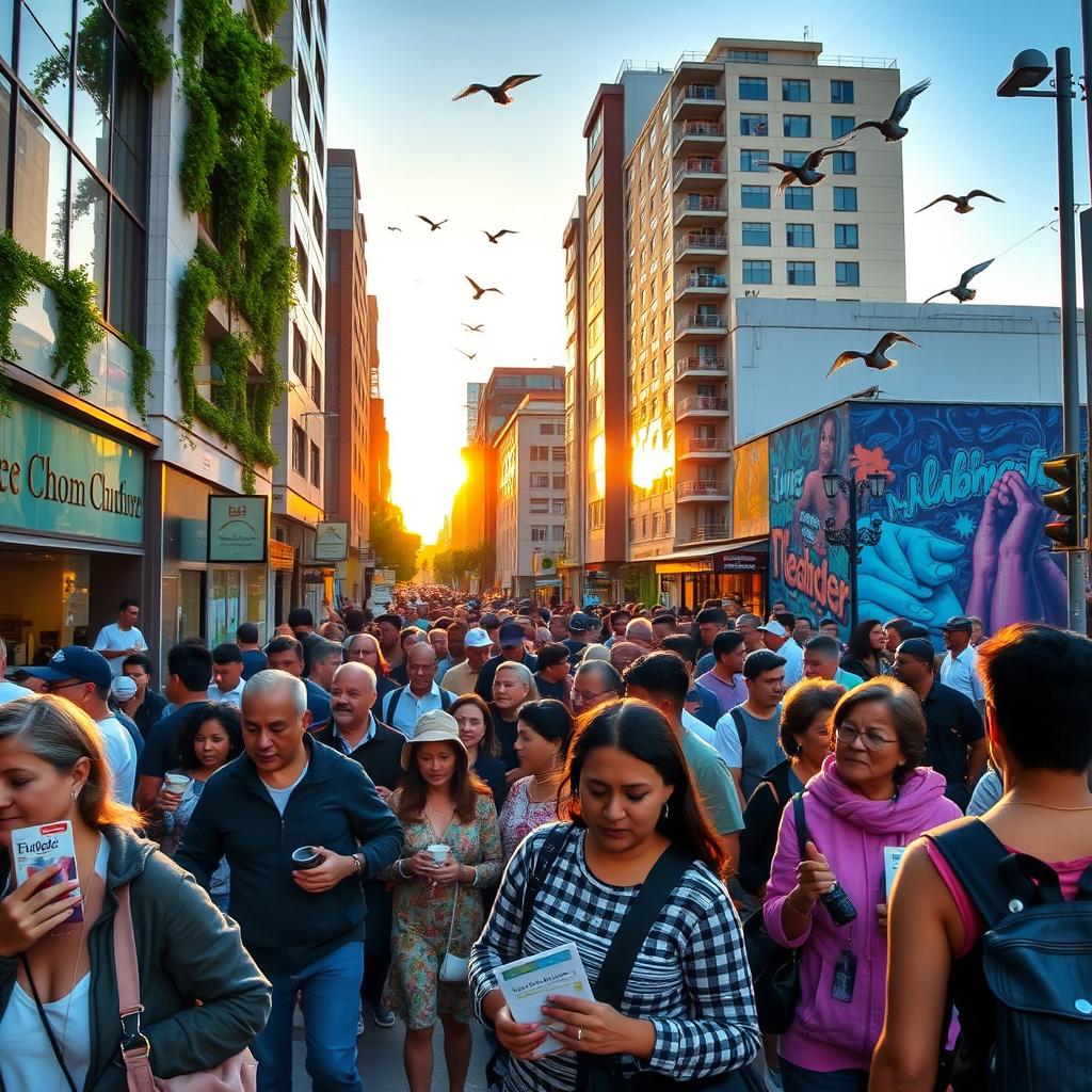 A bustling urban street scene during sunrise, showcasing a diverse crowd of people going about their day