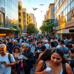 A bustling urban street scene during sunrise, showcasing a diverse crowd of people going about their day