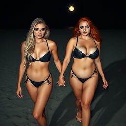 A beautiful, confident hourglass-shaped girl with long blond hair and striking blue eyes, adorned with dark pink and blue eye makeup, bold black eyeliner, mascara, and long lashes, walks hand in hand with her voluptuous redhead girlfriend