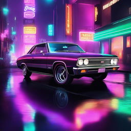 A high-quality digital art showcasing a 1966 Chevelle in a cyberpunk setting