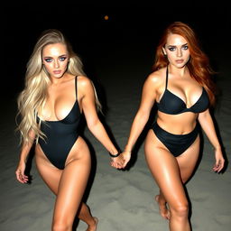 A beautiful, confident hourglass-shaped girl with long blond hair and striking blue eyes, adorned with dark pink and blue eye makeup, bold black eyeliner, mascara, and long lashes, walks hand in hand with her voluptuous redhead girlfriend