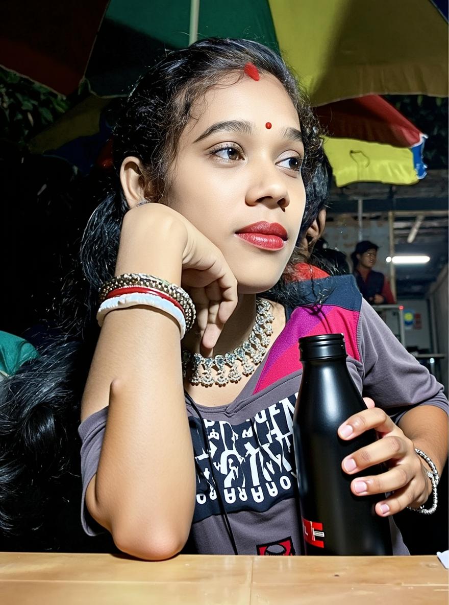 A portrait of a young woman sitting elegantly at a table, wearing a beautiful purple sari