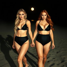 A beautiful, confident hourglass-shaped girl with long blond hair and striking blue eyes, featuring bold dark pink and blue eye makeup, dramatic black eyeliner, mascara, and long lashes, walks hand in hand with her sweet, passive voluptuous redhead girlfriend