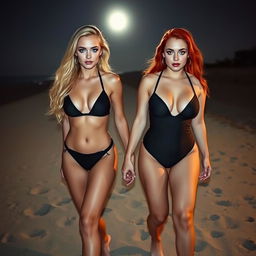 A beautiful, confident hourglass-shaped girl with long blond hair and striking blue eyes, featuring bold dark pink and blue eye makeup, dramatic black eyeliner, mascara, and long lashes, walks hand in hand with her sweet, passive voluptuous redhead girlfriend