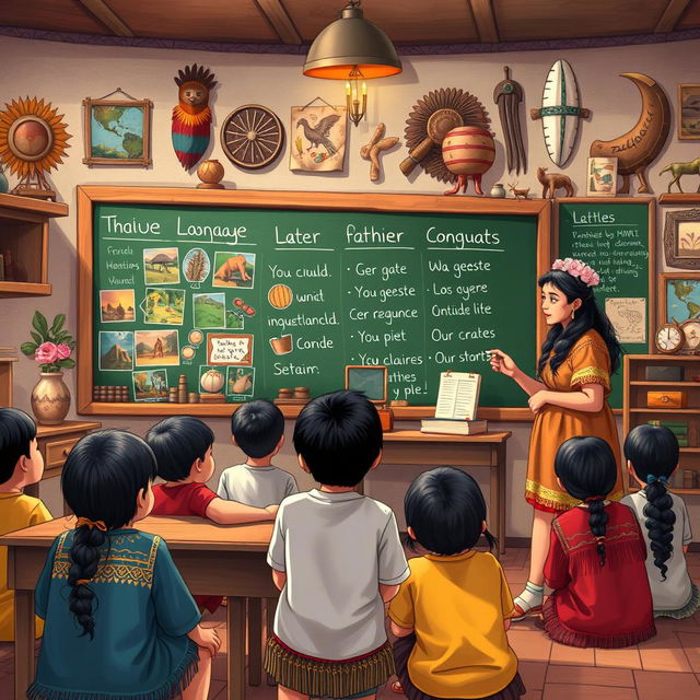 A detailed 4k illustration of a classroom where indigenous children are learning their native language