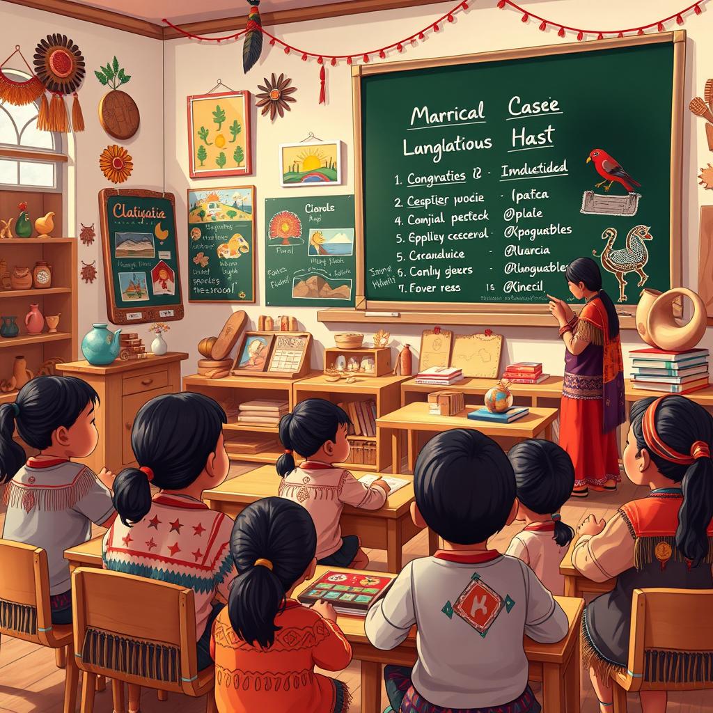 A detailed 4k illustration of a classroom where indigenous children are learning their native language