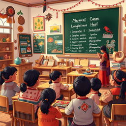 A detailed 4k illustration of a classroom where indigenous children are learning their native language