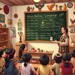 A detailed 4k illustration of a classroom where indigenous children are learning their native language