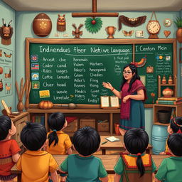 A detailed 4k illustration of a classroom where indigenous children are learning their native language